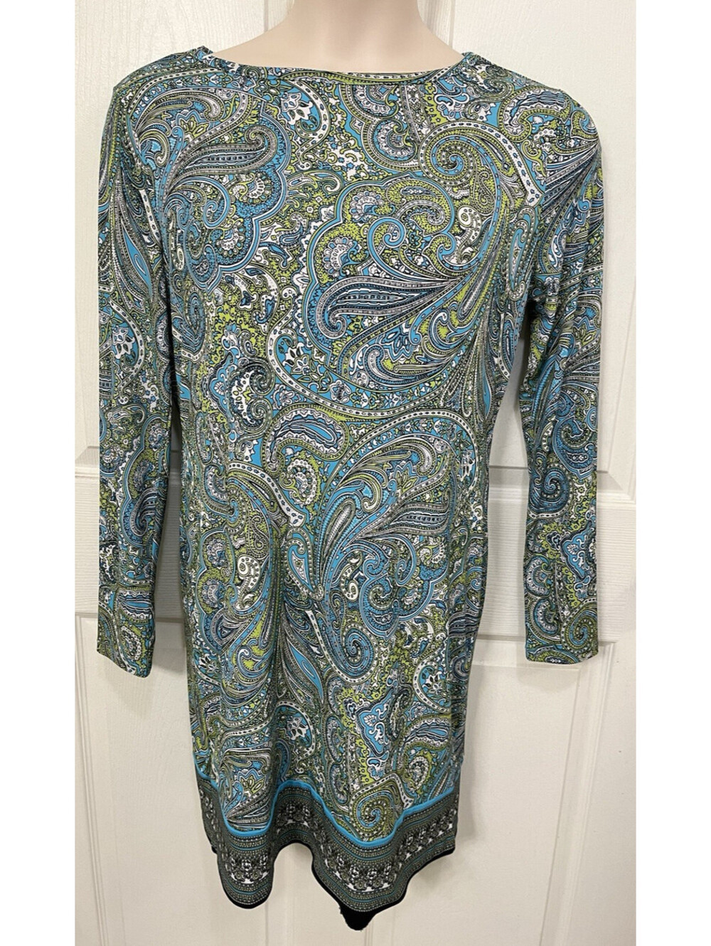 Michael Kors Turquoise & Green Paisley Dress Size L Long Sleeve Stretch
